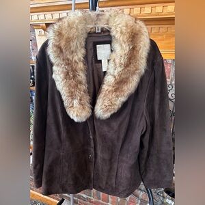 JJill Brown Leather Suede Jacket with 100% Dyed Lamb Shearling Collar 3X